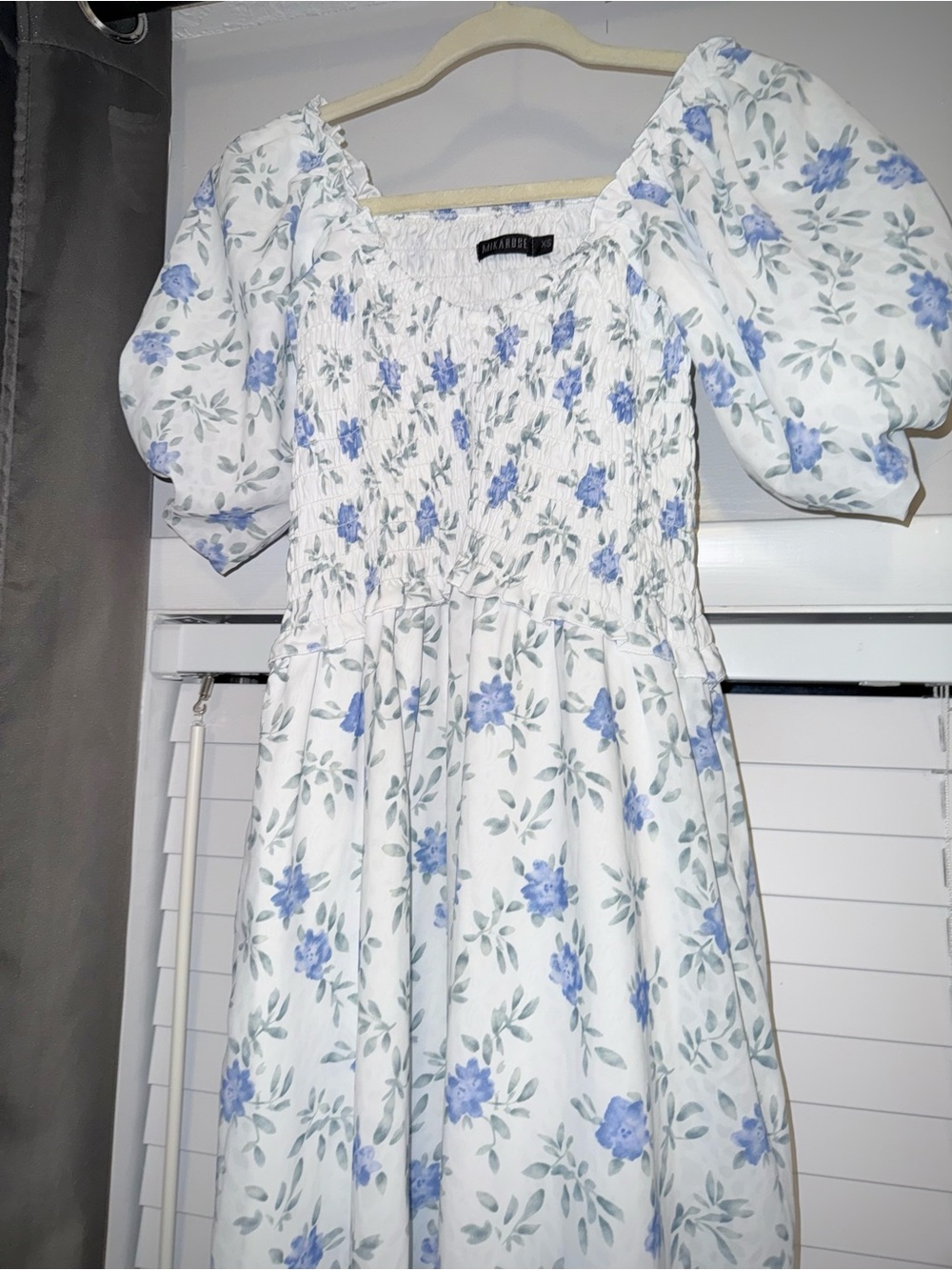 Mikarose White Floral Smocked Midi Dress with Puff Sleeves